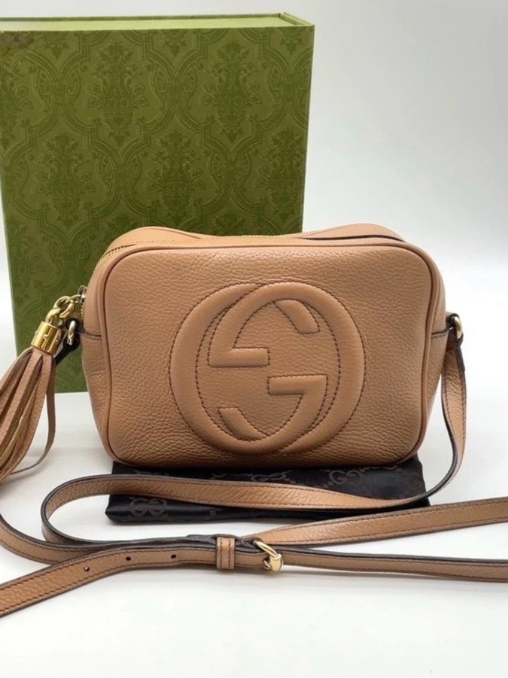 Auth GUCCI Sawhorse Small Disco Bag Pebbled Leather Beige 308364 W/Box/Dust-bag - Picture 1 of 11
